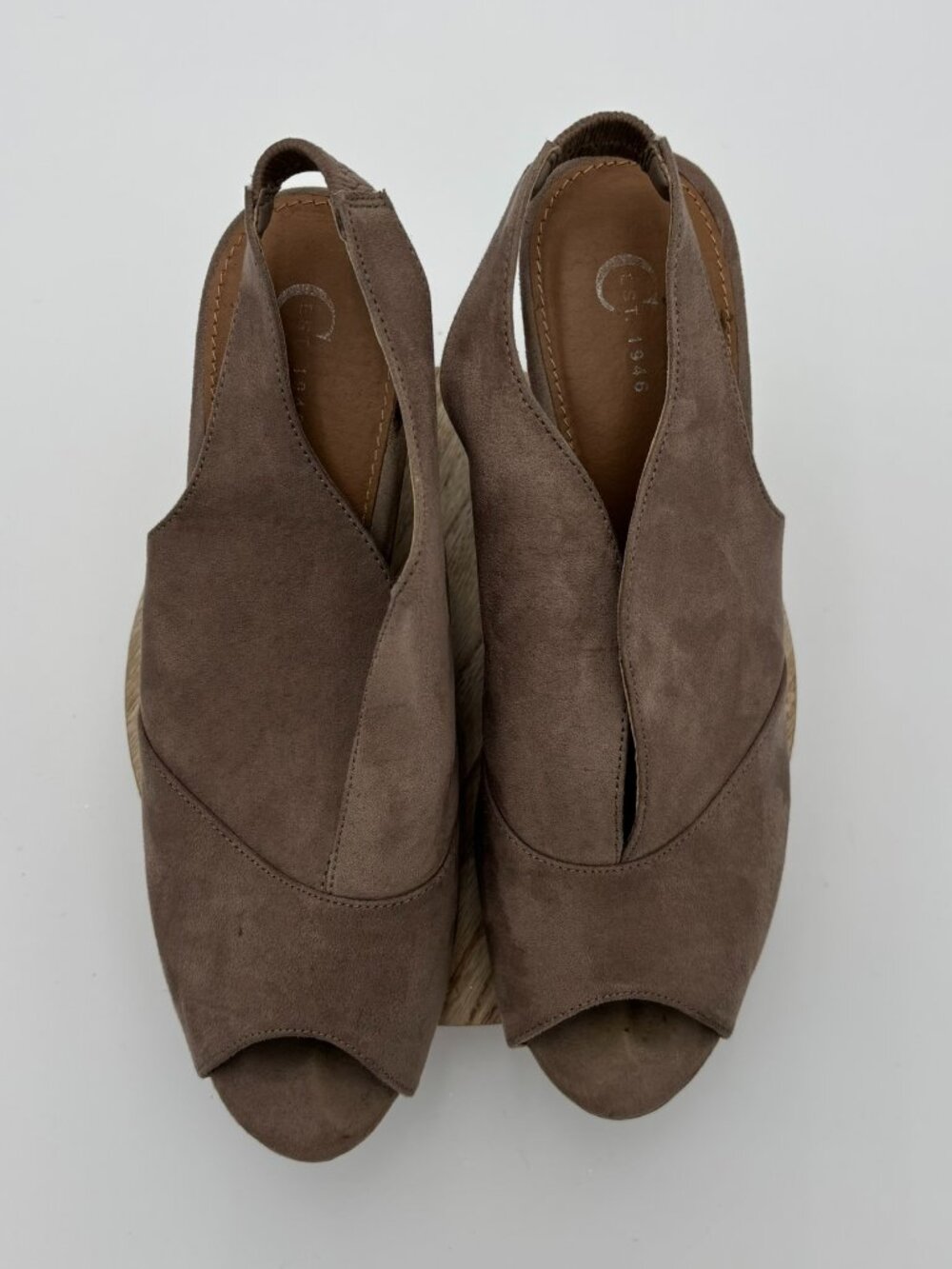Comfort Choice Taupe Faux Suede Open Toe Slingback Mid Platform Wedge Heels 9M